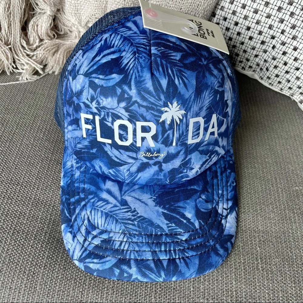 Billabong Florida Blue Palm Trees Trucker Hat Women’s Snapback Cap NWT